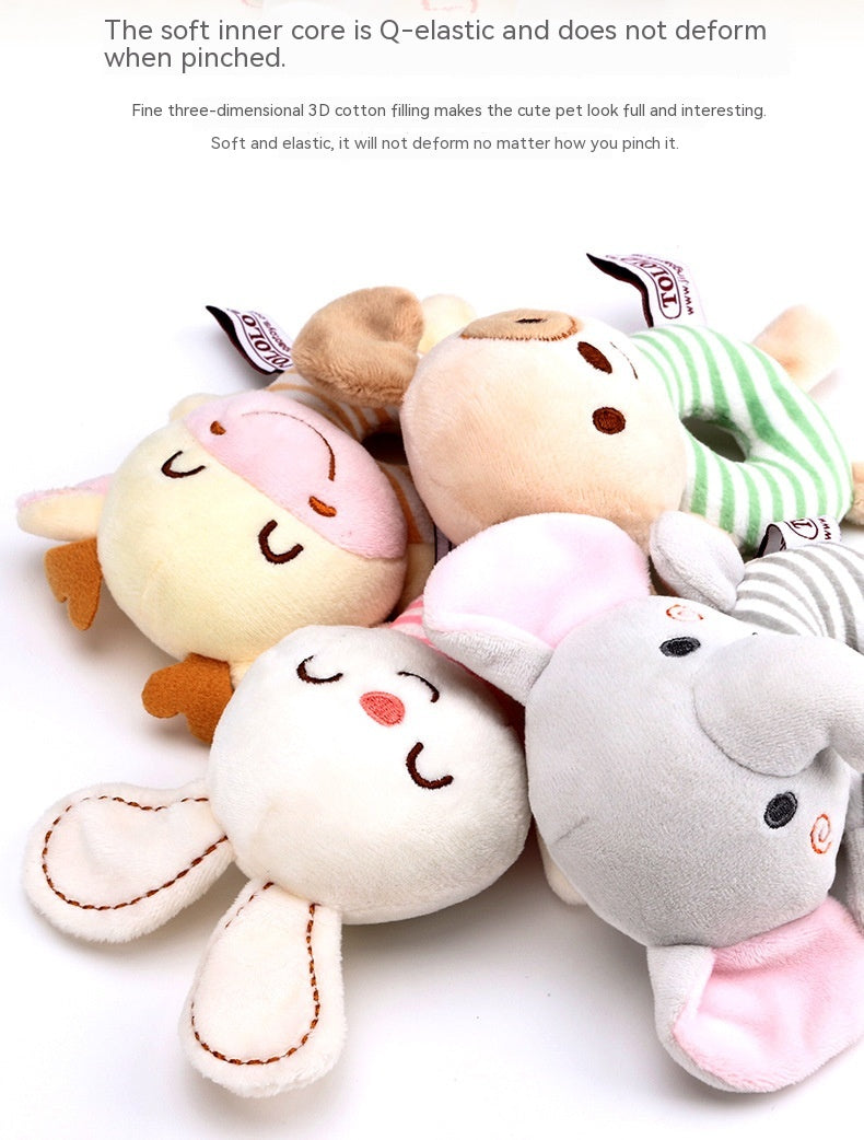 Four plush animal toys with soft, elastic, 3D cotton filling lie together. The toys include a pig, bear, rabbit, and elephant with adorable embroidered facial features.