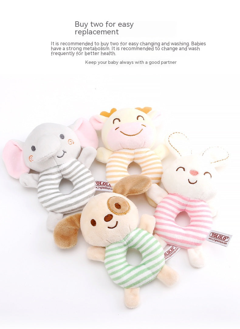 Four plush animal toys with circular bodies and smiling faces, featuring an elephant, a cow, a dog, and a bunny, each in different pastel striped patterns.