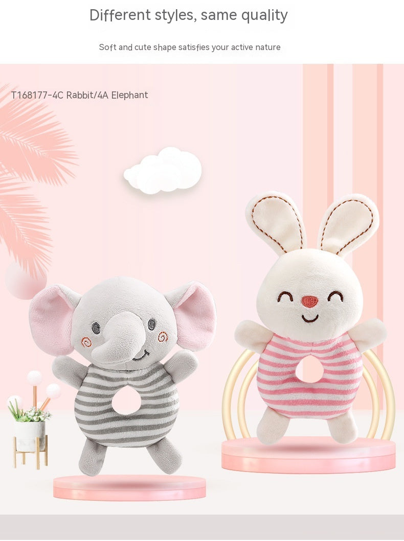 Stuffed gray elephant and white rabbit toys with striped bodies stand on pink pedestals against a pastel background with text promoting quality and cuteness.