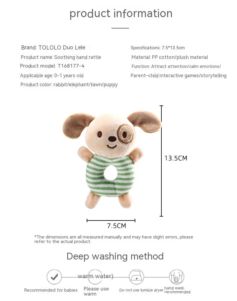 Plush hand rattle for ages 0-1, shaped like a puppy. Made of PP cotton and plush. Dimensions: 7.5x13.5 cm. Green-striped body, suitable for storytelling and calming emotions.