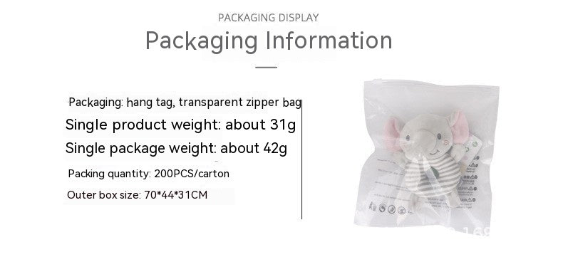 Packaging information with details on weight and dimensions. Includes a plush toy elephant in a transparent zipper bag with a hang tag. Packing quantity is 200 per carton.