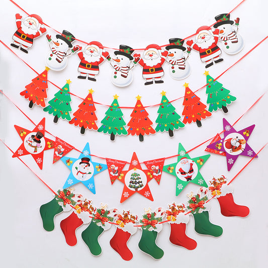 Festive Christmas garlands featuring Santa, snowmen, decorated trees, stars, and stockings in red and green. Perfect for holiday decorations, spread across a white background.