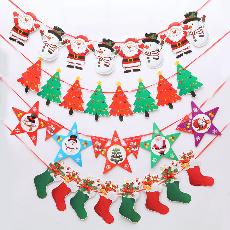 Festive Christmas garlands featuring Santa, snowmen, Christmas trees, stars, and stockings in red, green, and white, creating a cheerful holiday decoration.