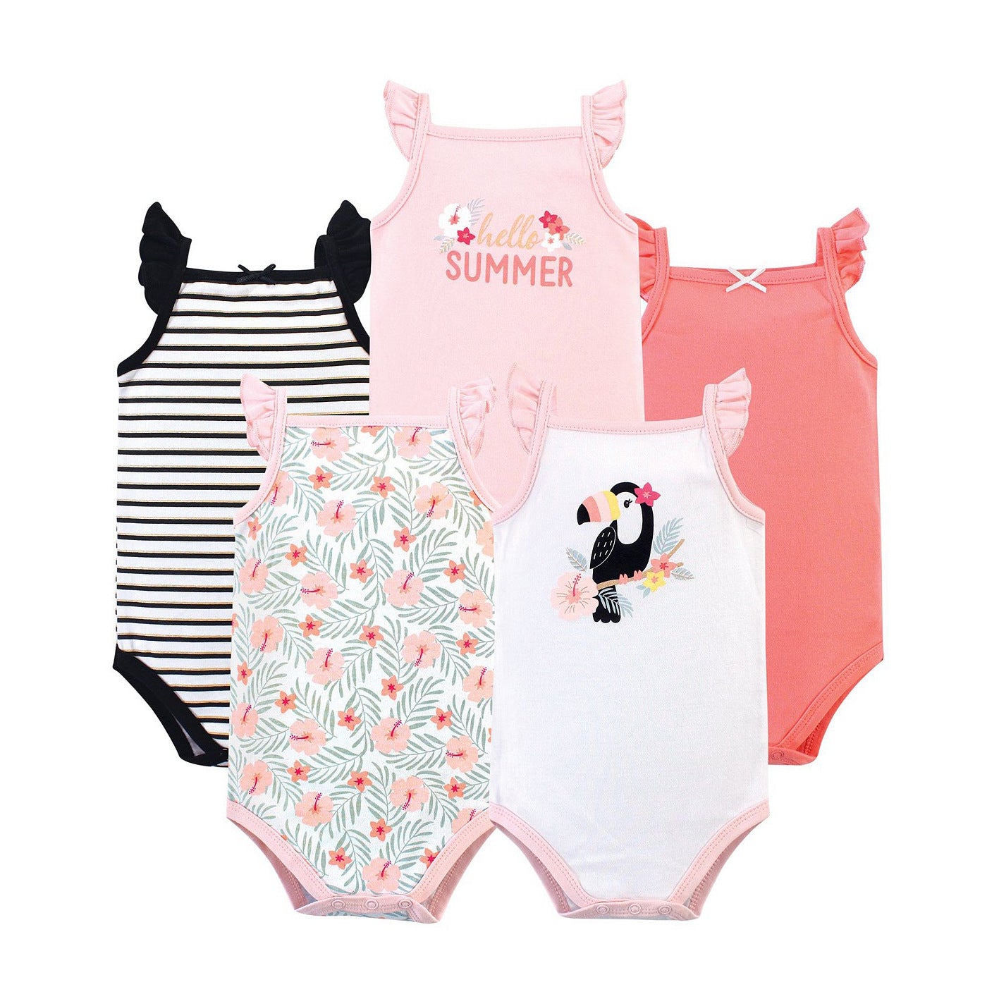 Five baby onesies, each with different designs: stripes, "Hello Summer" print, solid pink with bow, floral pattern, and a toucan graphic. All have ruffled sleeves.