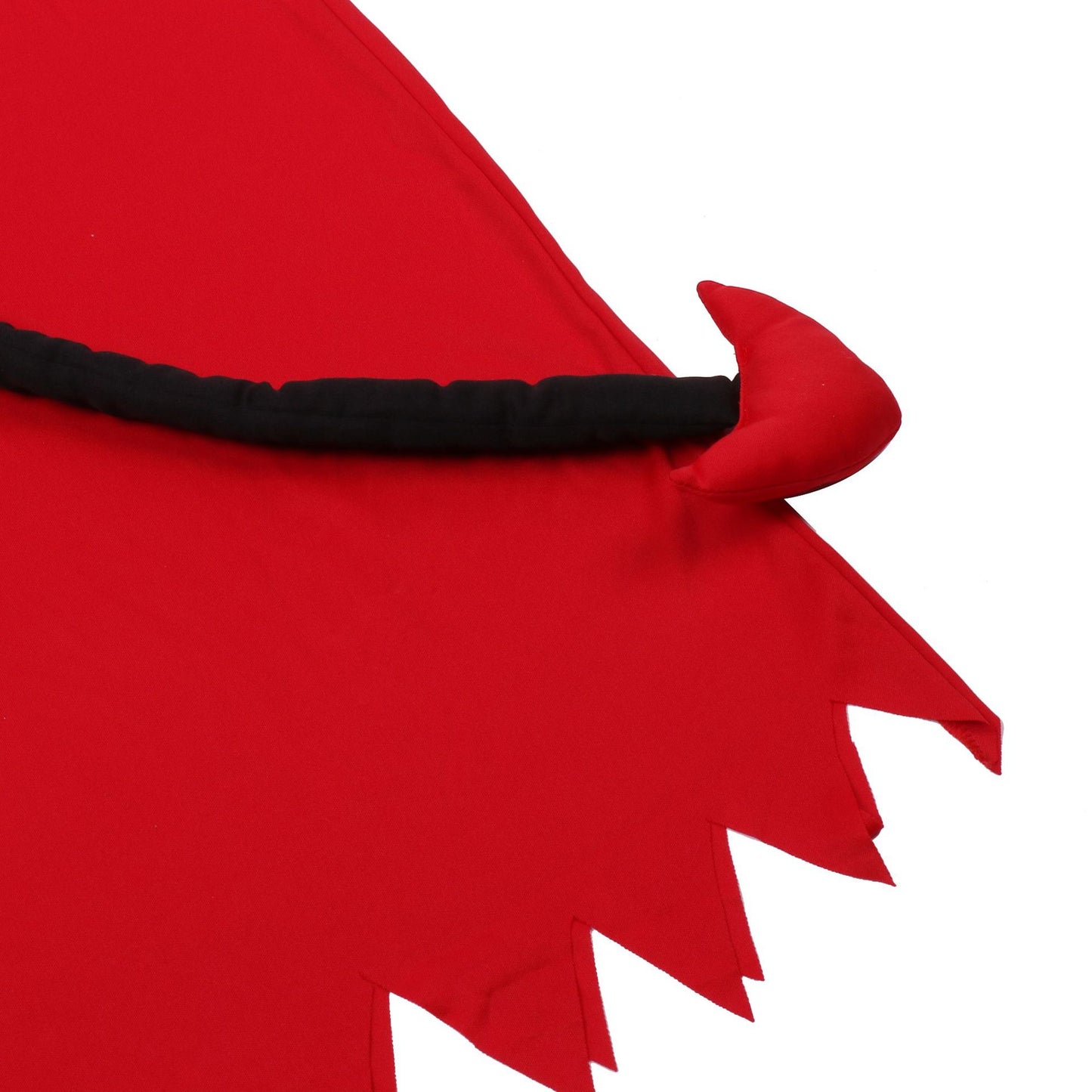 Red fabric with a jagged edge and a black tail ending in a pointed red tip, resembling a devil's tail. The tail is attached to the fabric, suggesting a costume piece.