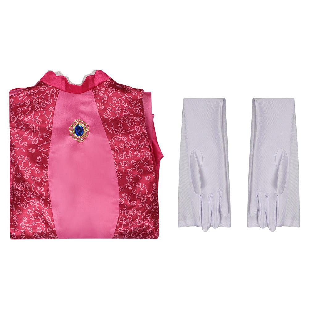 Pink silk dress with intricate floral patterns and a blue gemstone brooch, paired with white gloves, neatly displayed on a white background.