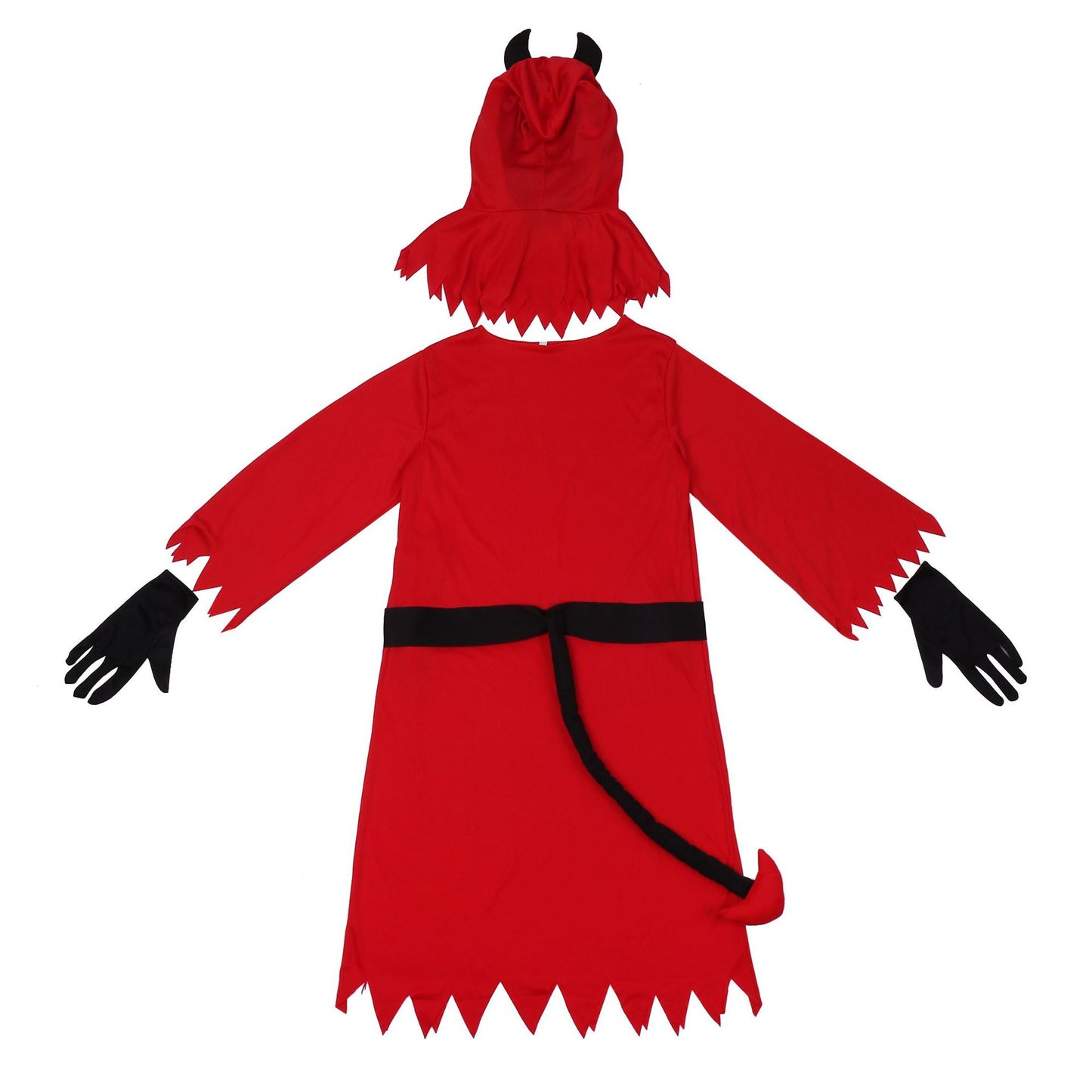 Red devil costume for children, featuring zigzag edges, black gloves, and a tail. Includes a red hood with black horns and a black belt. Perfect for Halloween.