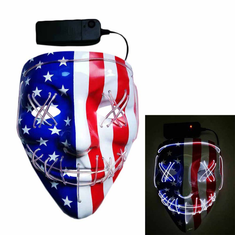 A mask with an American flag design, featuring stars on one side and stripes on the other. It has LED-lit outlines and stitches, accompanied by a battery pack. A glowing version is shown inset.