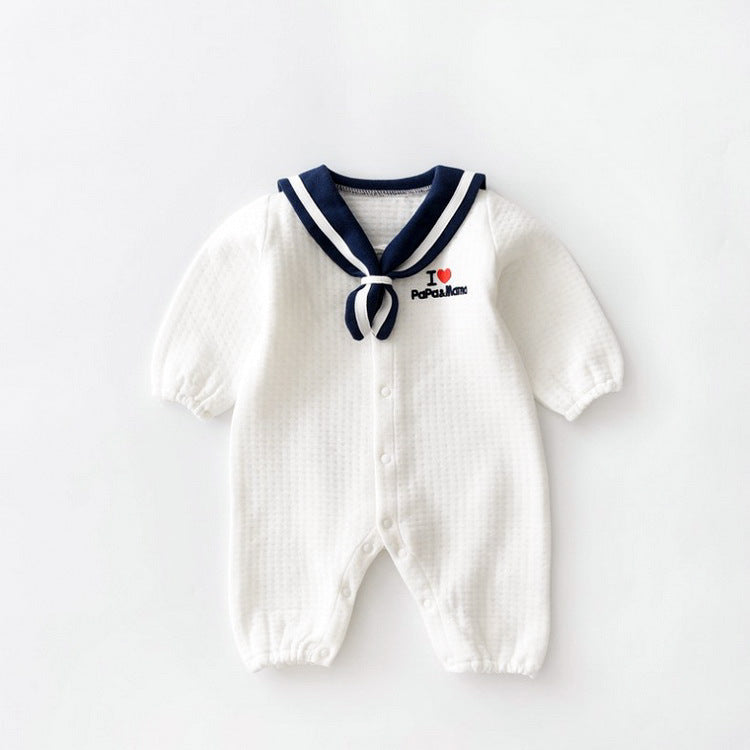 White baby romper with dark blue sailor collar and necktie. Features "I ♥ PoPo&Mama" text on the chest. Snap buttons run down the front for easy dressing.