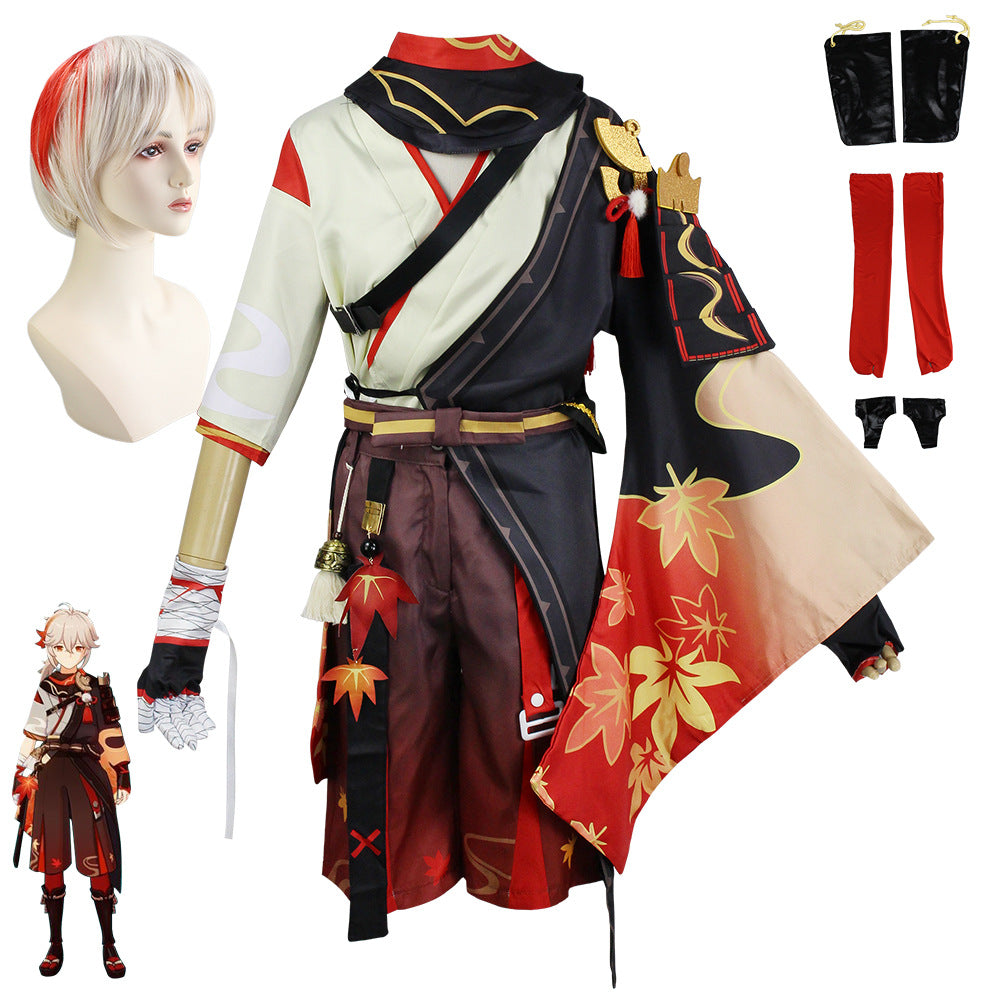 Anime-inspired costume set with ornate red and black design, gold leaf patterns, accessories, and a short blonde wig. Includes arm wraps, red fabric details, and small character illustration.
