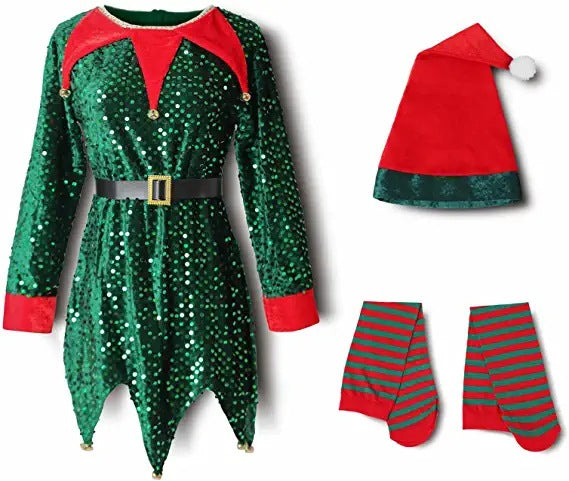 Sequined green elf dress with red collar and cuffs, black belt, paired with red Santa hat and green-striped red socks, perfect for a festive Christmas costume.