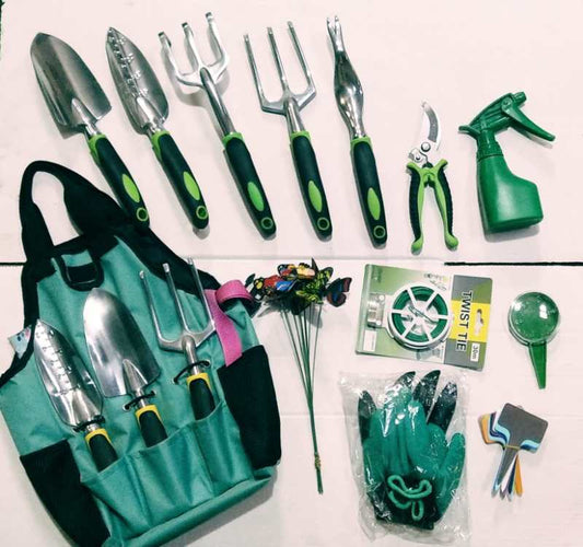 Gardening tool set including trowels, cultivators, pruner, spray bottle, and gloves. Accessories include twist ties, mini shovel heads, decorative stakes, and green carrying bag.