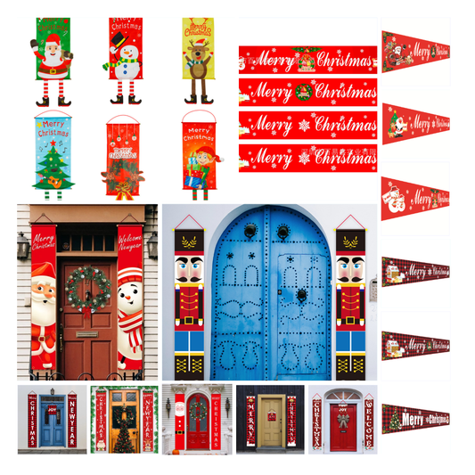 Festive Christmas door banners featuring Santa, snowmen, reindeer, and nutcracker designs. Merry Christmas messages and holiday decorations adorn several colorful doors.