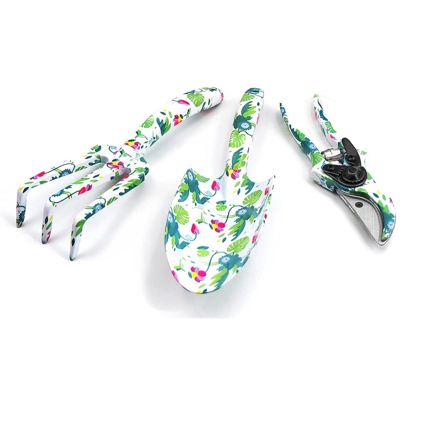 Floral-patterned garden tools include a hand rake, trowel, and pruners, featuring green leaves and pink flowers on a white background.