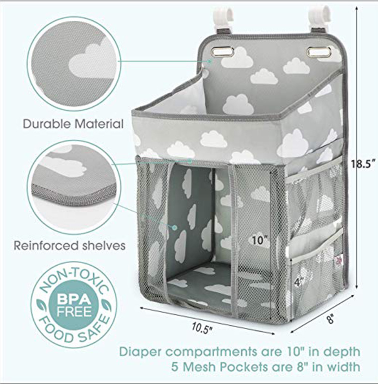 Gray diaper caddy with cloud pattern, featuring durable material, reinforced shelves, mesh pockets. Dimensions: 18.5" H, 10.5" W, and 8" D. BPA-free, non-toxic.