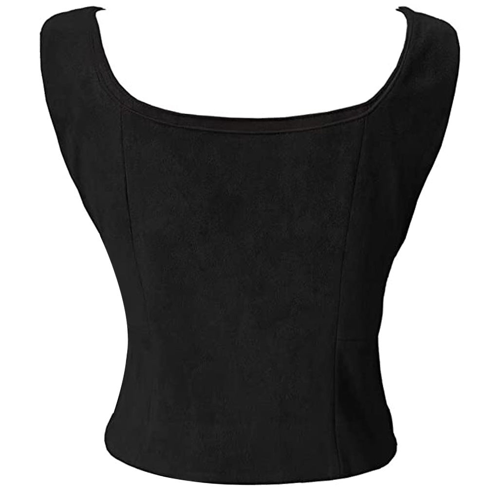 Black sleeveless crop top with a wide scoop neckline and fitted shape, viewed from the back against a white background. Simple and elegant design, suitable for casual wear.
