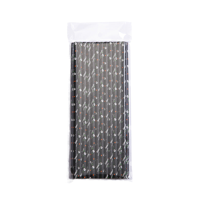 Black umbrella packaged in a clear plastic sleeve, featuring a pattern of white Japanese text and small illustrations of pandas and carrots.