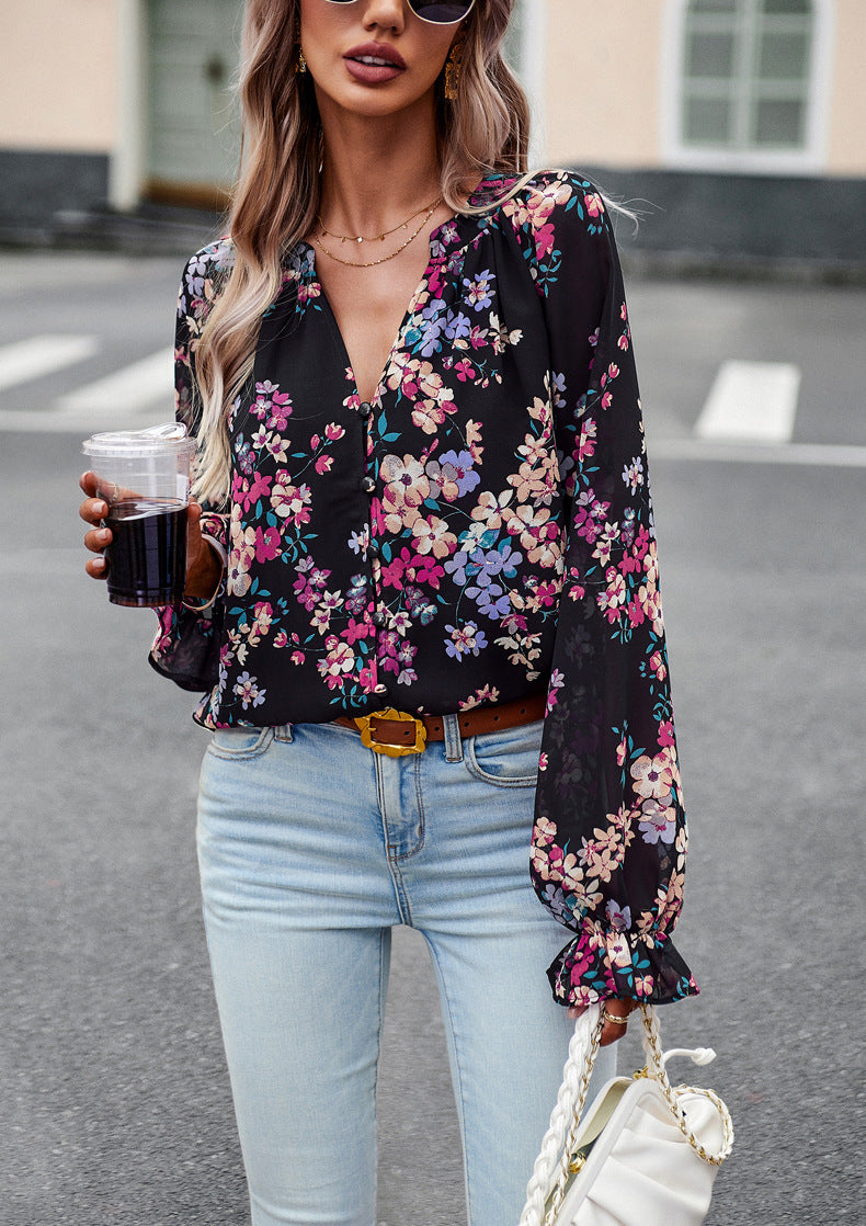 Floral V-Neck Chiffon Blouse