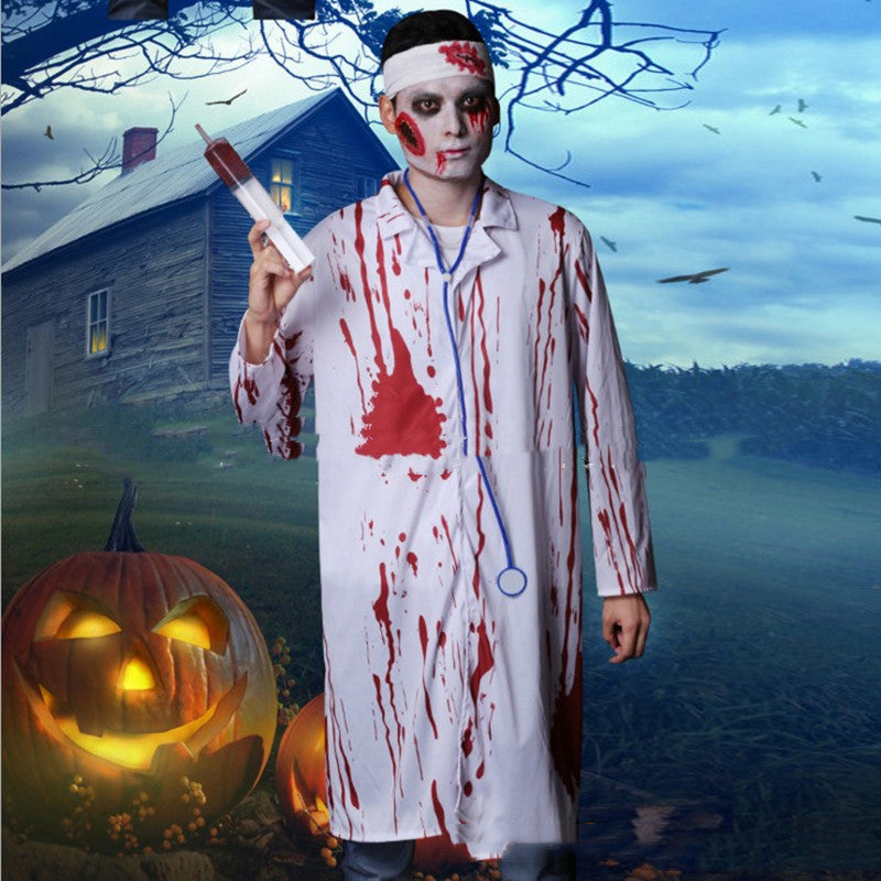 A person in a bloody doctor's coat with face paint, holding a syringe, stands in front of a haunted house scene with glowing pumpkins and bare trees.