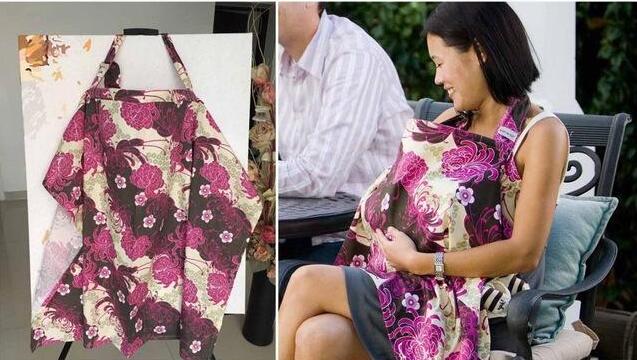 Floral nursing cover on display and in use. On the right, a woman uses the cover to nurse a baby while sitting outdoors, showcasing its practical and stylish design.