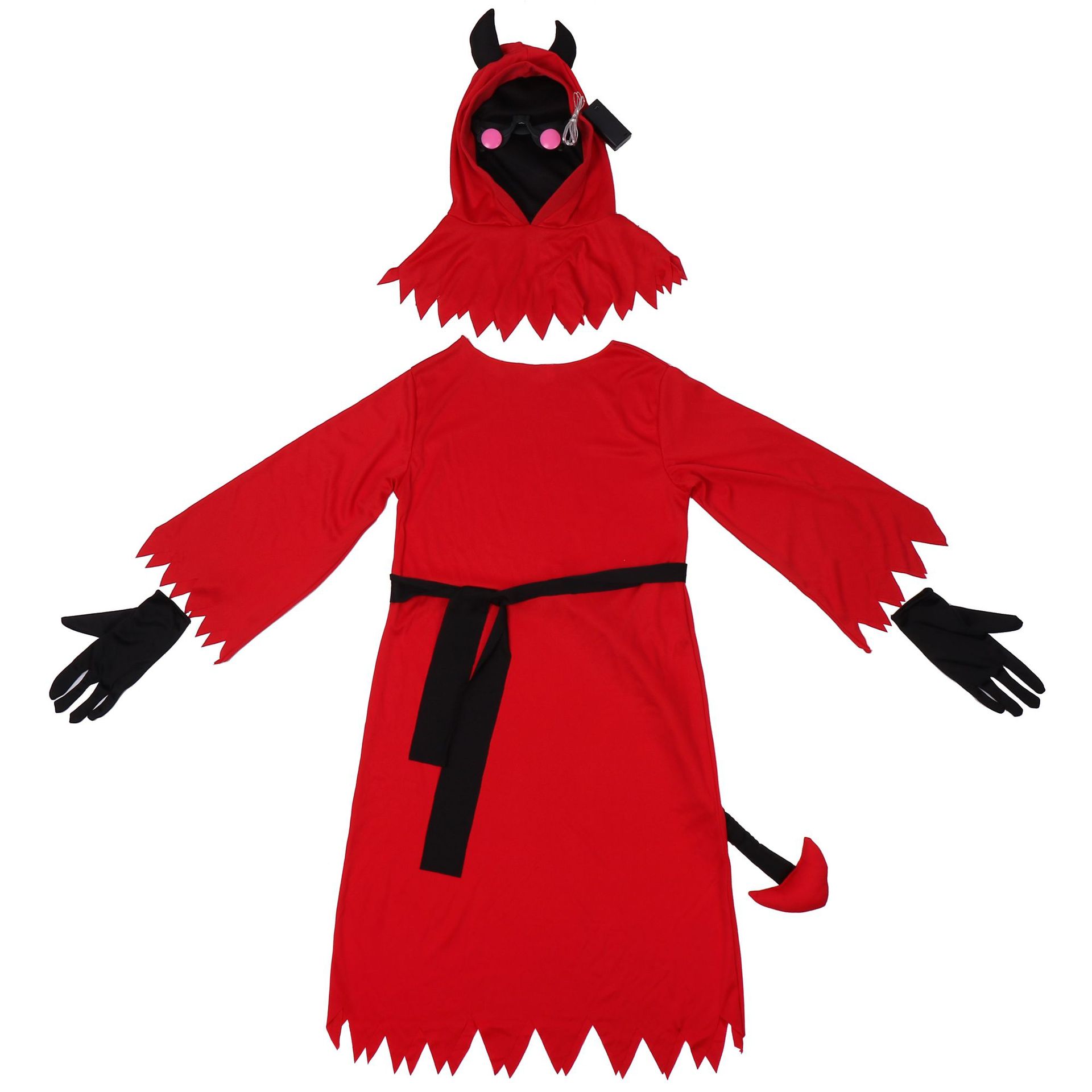 Red devil costume with jagged edges, black belt, hood with horns, and pink eyes. Includes black gloves and a tail. Hood and garment are laid out separately.