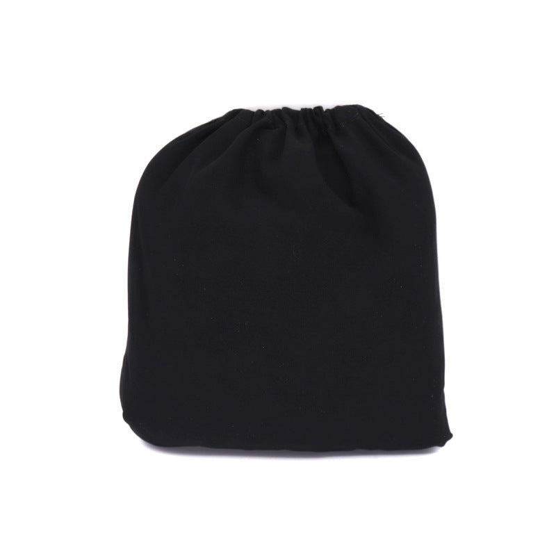 A black drawstring bag displayed against a white background. The bag is closed, showing gathered fabric at the top.
