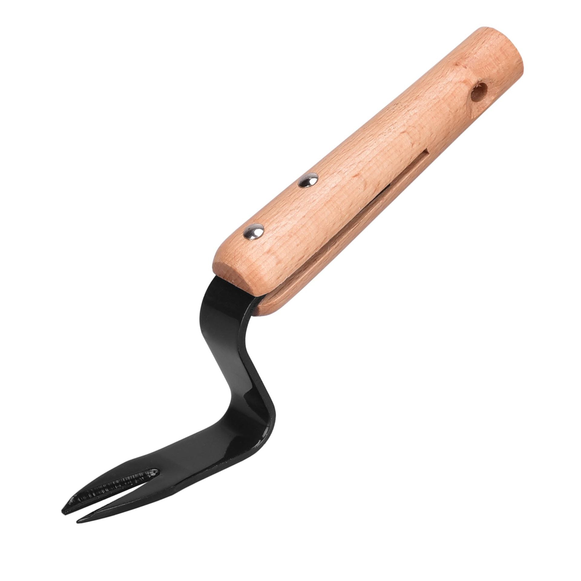 A hand weeder with a wooden handle and a black metal forked end, designed for removing weeds efficiently from gardens.