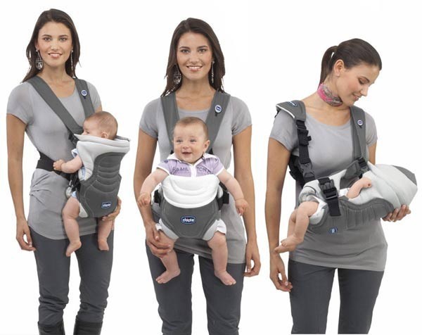 Three images show a woman using a baby carrier in different positions: front-facing inward, front-facing outward, and cradle hold. The carrier is gray with a white lining.
