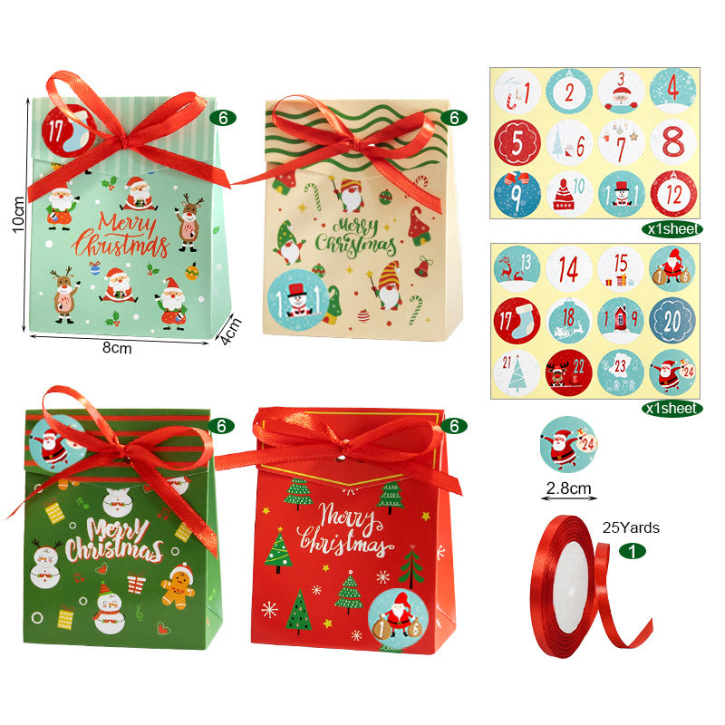 Christmas-themed gift bags in red, green, and cream with festive designs, each tied with a red ribbon. Includes number stickers and a roll of red ribbon.