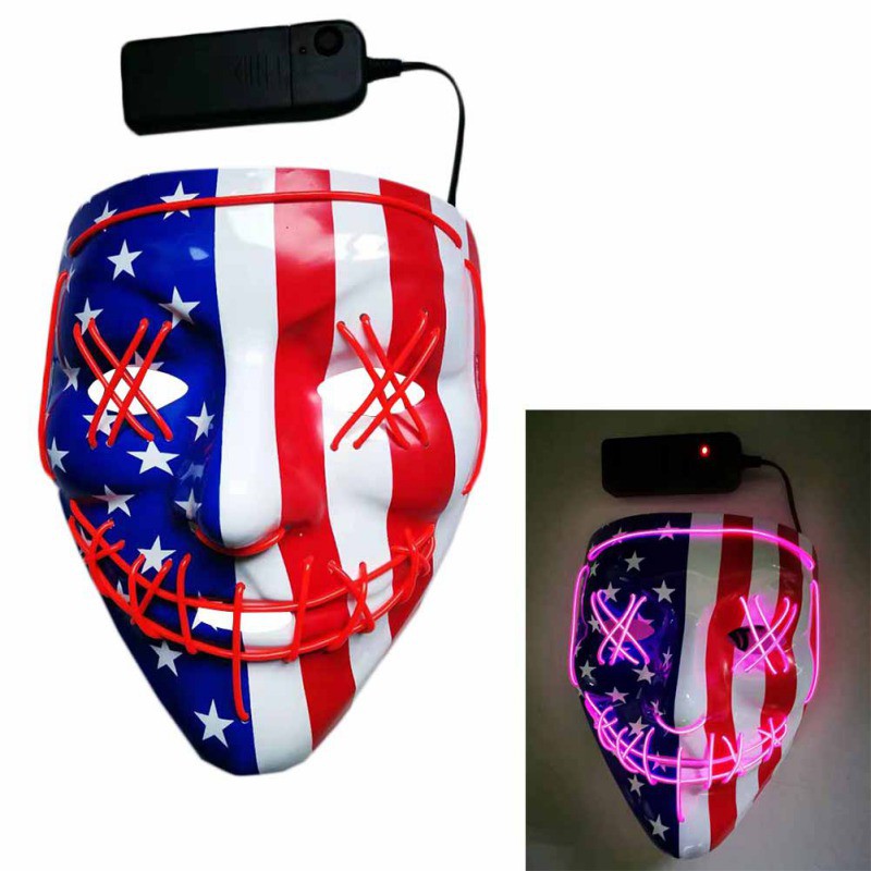 Mask with American flag design and red LED lights outlining eyes and mouth, connected to a battery pack. Two views: one with lights on, one off.