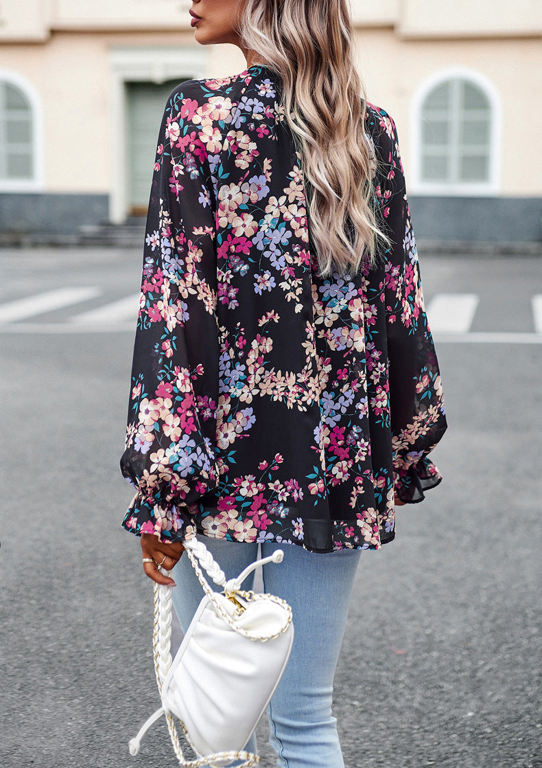 Floral V-Neck Chiffon Blouse