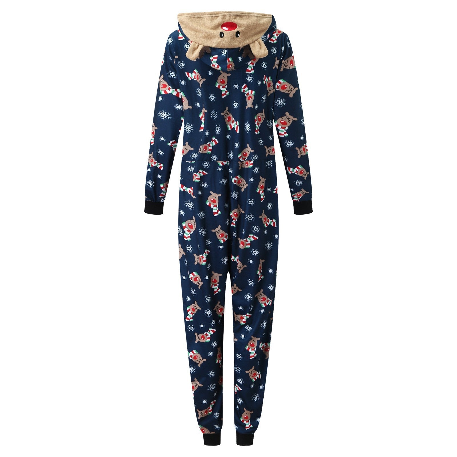 Navy blue onesie with reindeer and snowflake pattern, featuring a cozy hood with reindeer face and ears. Black cuffs at sleeves and ankles add contrast to the festive design.