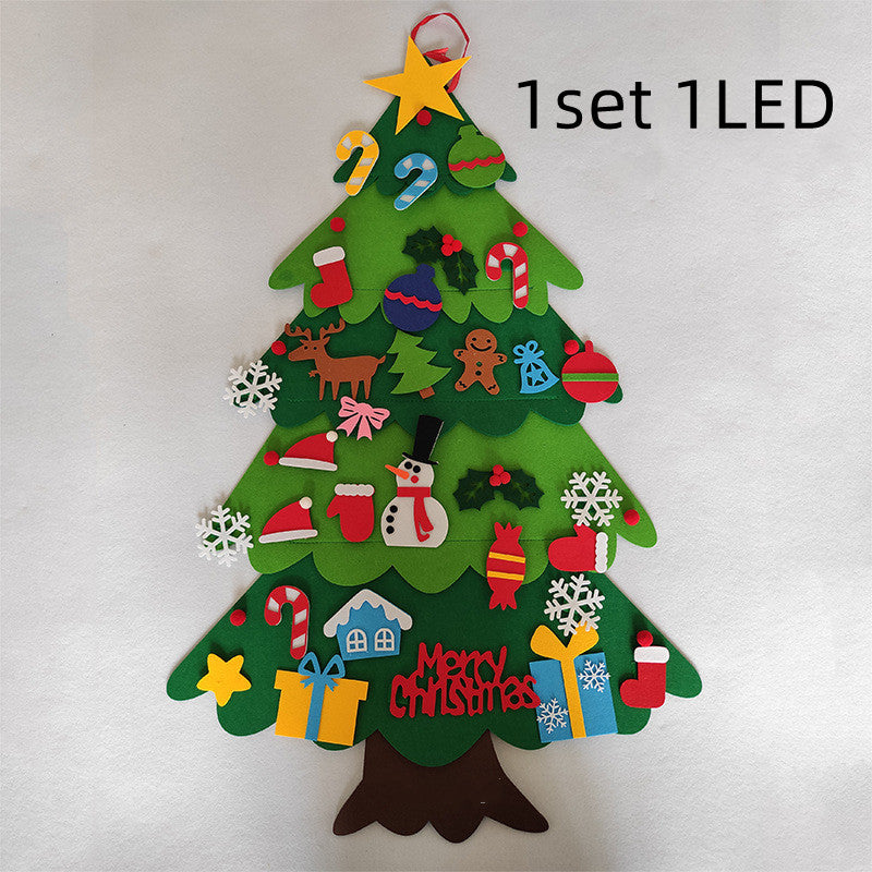 Felt Christmas tree with colorful ornaments including candy canes, snowflakes, snowman, and gifts. Topped with a star, text reads "1 set 1LED."