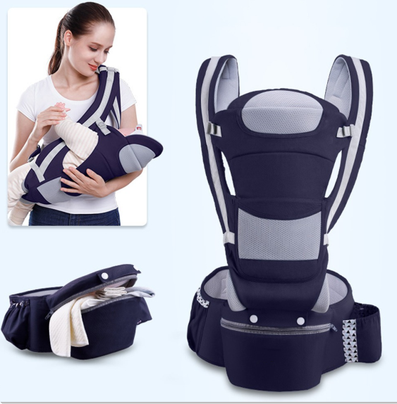 Navy blue baby carrier with mesh details; includes a detachable hip seat. Inset shows a woman wearing it, holding a baby in front. Suitable for ergonomic babywearing.