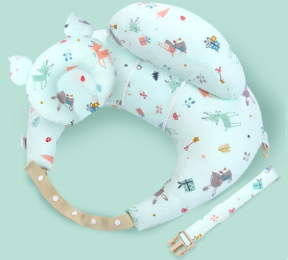 Baby head protection pillow in light green with whimsical animal and tree prints. The set includes a U-shaped cushion, a small round pillow, and an adjustable strap for safety.
