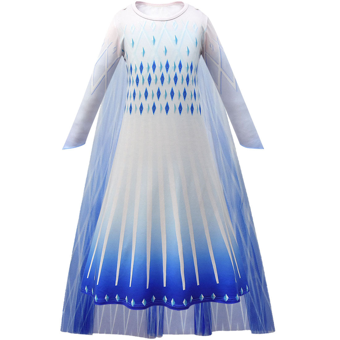 Blue and white gradient long-sleeve dress with a flowing design, featuring diamond patterns and a sheer overlay, resembling an ice queen's attire.