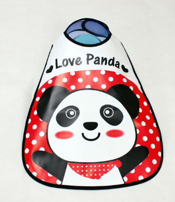 A colorful bib with a smiling panda illustration, featuring the words "Love Panda" and a red polka dot background. The panda wears a red scarf and has rosy cheeks.