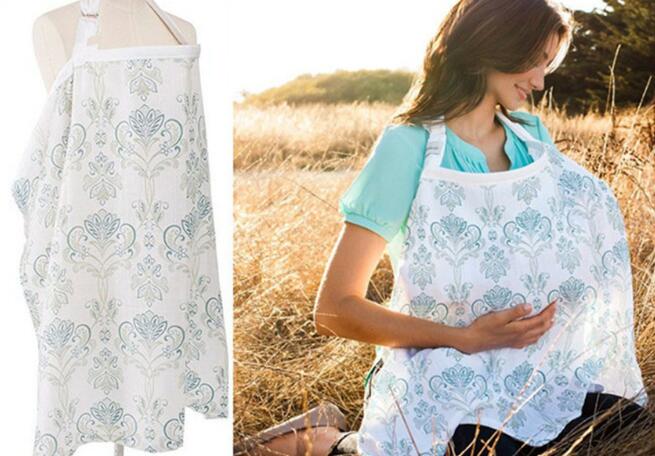 A nursing cover with a blue floral pattern displayed on a mannequin. A woman sitting outside in a sunny field uses the same cover while nursing, wearing a turquoise blouse.