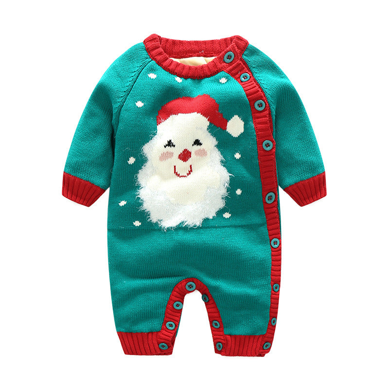 Green baby jumpsuit with red trim and buttons, featuring a cheerful Santa Claus face design, surrounded by snowflakes.