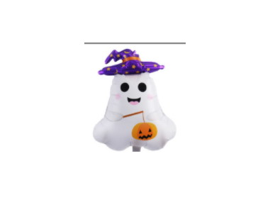 A cute ghost balloon wearing a purple star-patterned witch hat, holding a small orange pumpkin with a smiling face. The ghost has rosy cheeks and a cheerful expression.