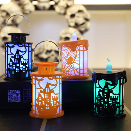 Four Halloween-themed lanterns emit colorful light. Two are shaped like houses with silhouetted castles, one cast in orange and another in black. An orange lantern features a spider web design, while a black lantern has a dripping effect. Skull decorations are blurred in the background.