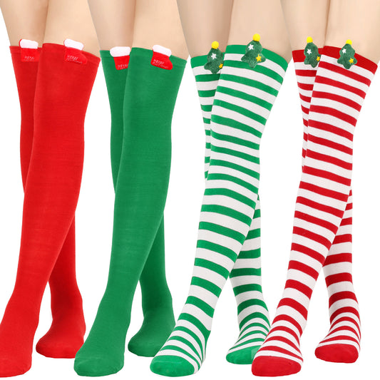 Five pairs of festive knee-high socks in red, green, and striped patterns. Some have Christmas-themed decorations like trees and "Merry Christmas" text.