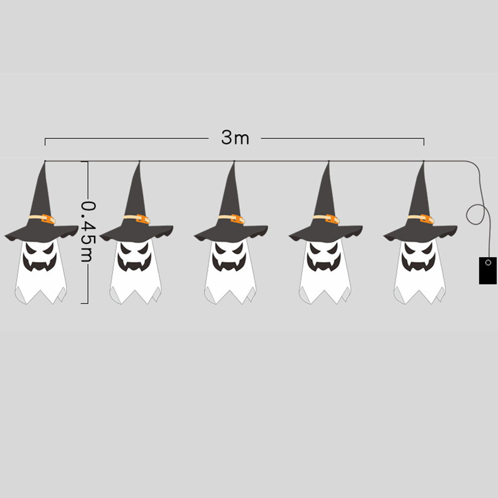 A 3-meter string light with five ghost decorations wearing black witch hats. Each ghost is 0.45 meters tall. The string is connected to a power source.