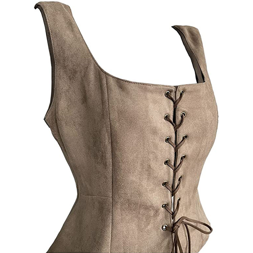 Suede corset top with wide straps and a square neckline. It features a front eyelet lace-up design with ties at the bottom, creating a fitted, vintage-inspired look.