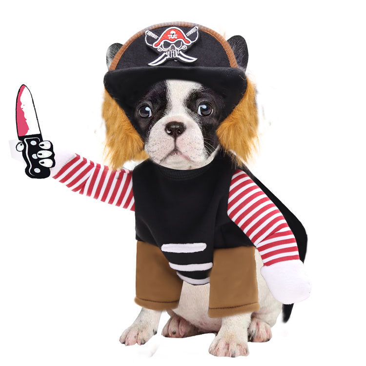 Small dog dressed as a pirate, wearing a striped shirt, brown pants, and a pirate hat with a skull emblem, holding a toy knife in its paw.