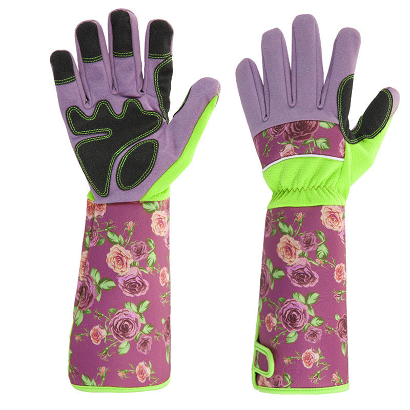 Colorful gardening gloves with long floral-patterned cuffs, black palm grips, and neon green trim. The gloves are primarily purple with pink roses and green accents.