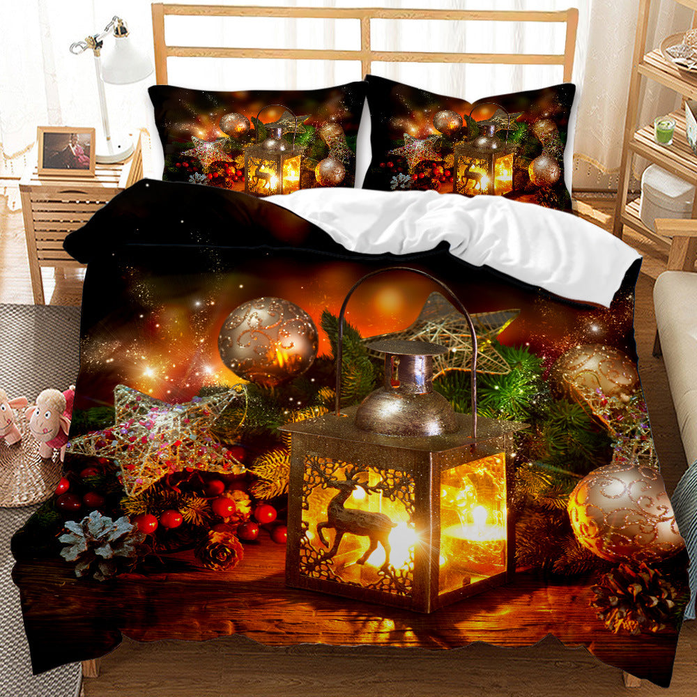 Festive bedding set featuring a glowing lantern with a reindeer design, surrounded by Christmas ornaments and greenery. The warm light creates a cozy, holiday atmosphere in the room.