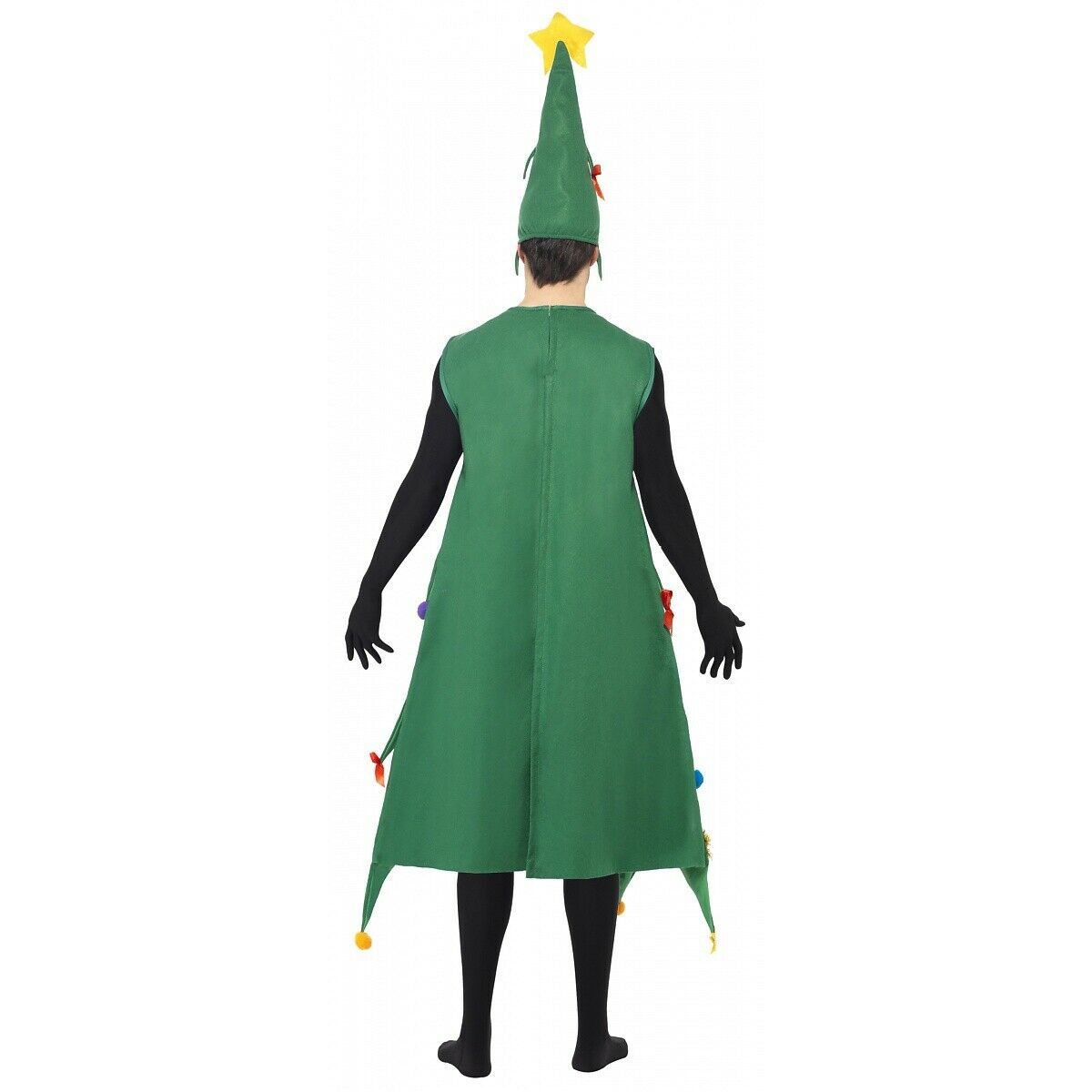 Person in a Christmas tree costume with green fabric, ornaments, and a yellow star on top. Black leggings and sleeves are worn underneath. The person is facing away.