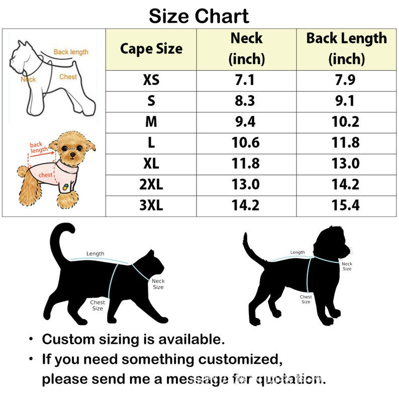 Pet clothing size chart showing neck and back length measurements in inches for sizes XS to 3XL. Includes dog illustrations for measurement guidance and customization note.