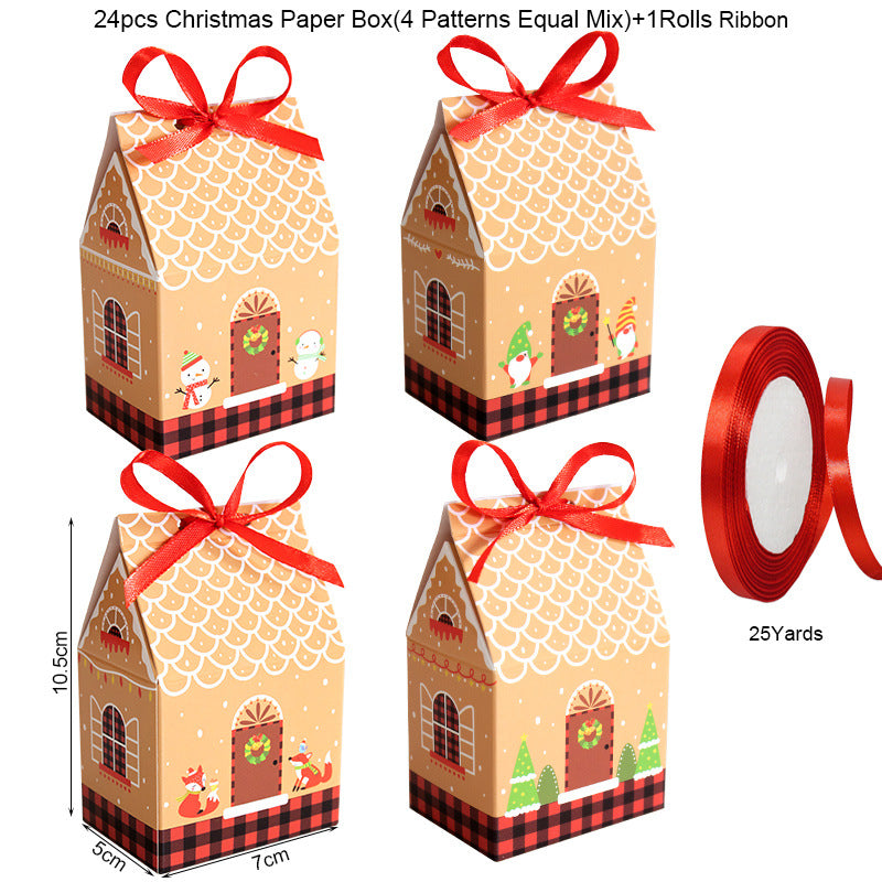 Four gingerbread house-shaped Christmas paper boxes with red bows, featuring festive winter designs. Also shown is a 25-yard roll of red ribbon. Boxes measure 10.5x7x5 cm.